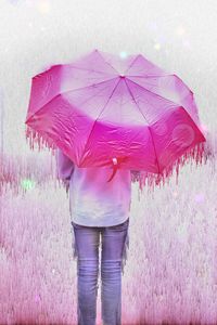 Preview wallpaper man, umbrella, glitch, stripes, drips, pink