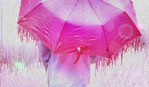 Preview wallpaper man, umbrella, glitch, stripes, drips, pink