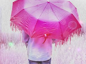 Preview wallpaper man, umbrella, glitch, stripes, drips, pink