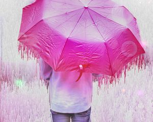 Preview wallpaper man, umbrella, glitch, stripes, drips, pink