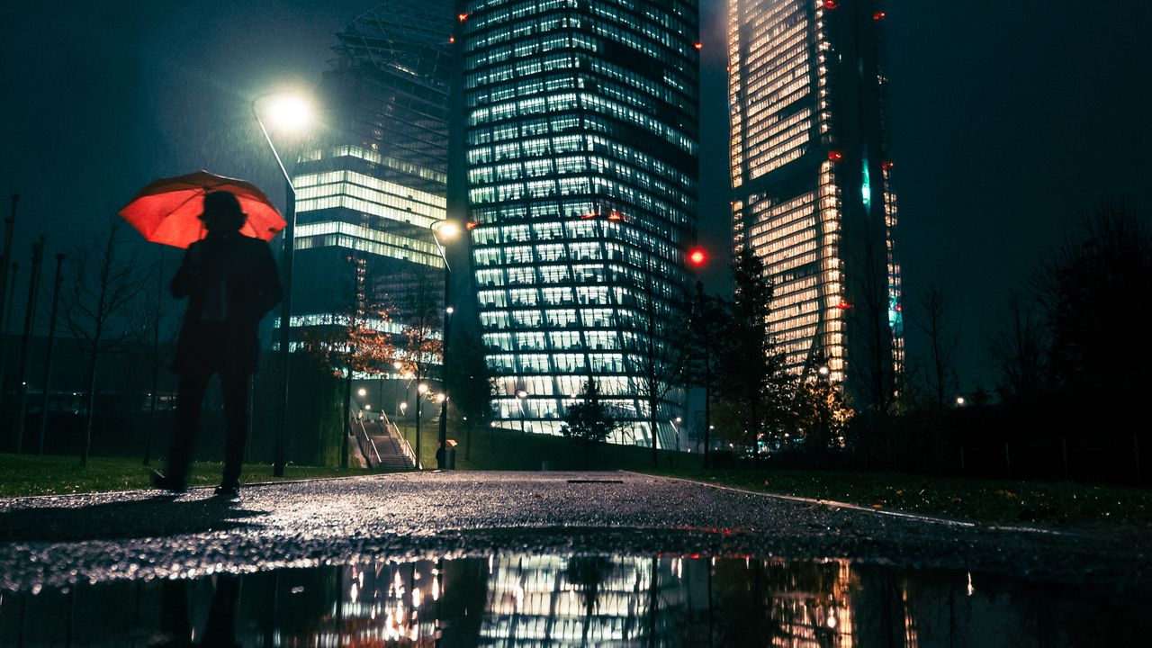 Wallpaper man, umbrella, night, rain, city