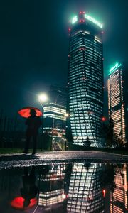 Preview wallpaper man, umbrella, night, rain, city