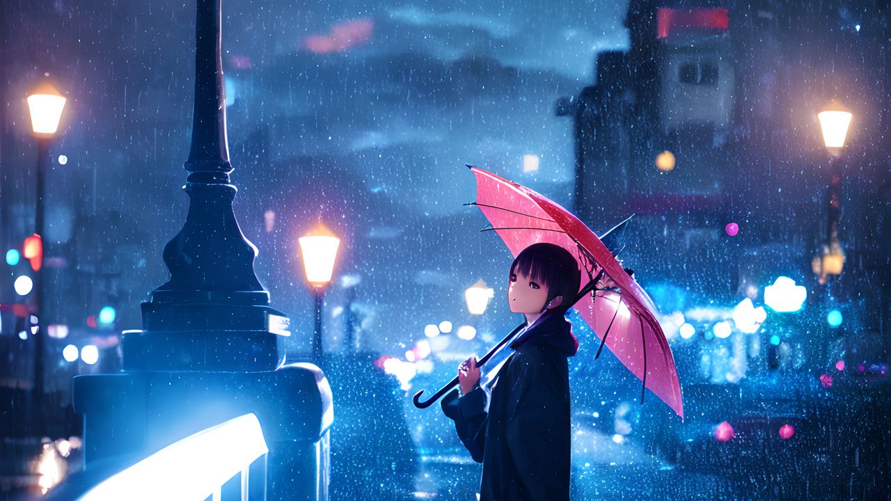 Wallpaper man, umbrella, rain, lantern, street, night, autumn, anime