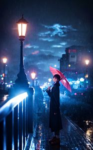 Preview wallpaper man, umbrella, rain, lantern, street, night, autumn, anime