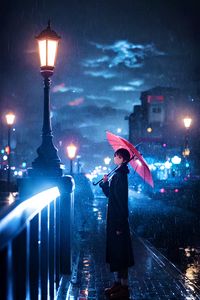 Preview wallpaper man, umbrella, rain, lantern, street, night, autumn, anime