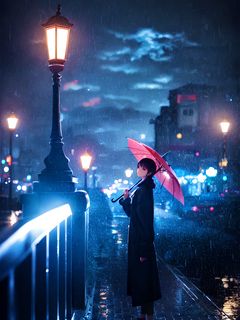 240x320 Wallpaper man, umbrella, rain, lantern, street, night, autumn, anime