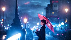 Preview wallpaper man, umbrella, rain, lantern, street, night, autumn, anime