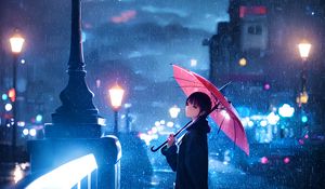 Preview wallpaper man, umbrella, rain, lantern, street, night, autumn, anime