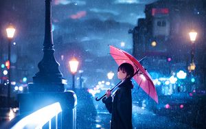 Preview wallpaper man, umbrella, rain, lantern, street, night, autumn, anime