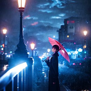 Preview wallpaper man, umbrella, rain, lantern, street, night, autumn, anime