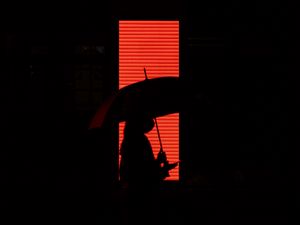 Preview wallpaper man, umbrella, silhouette, red, dark