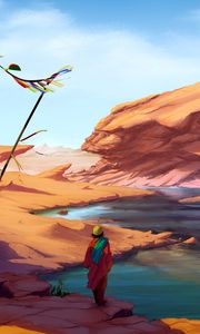 Preview wallpaper man, wanderer, rocks, lake, art