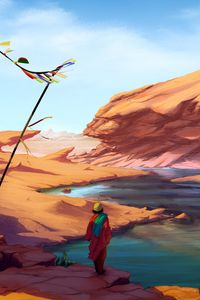 Preview wallpaper man, wanderer, rocks, lake, art