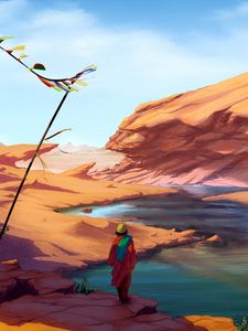 Preview wallpaper man, wanderer, rocks, lake, art