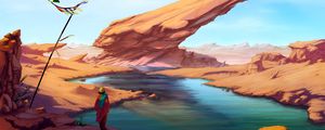 Preview wallpaper man, wanderer, rocks, lake, art