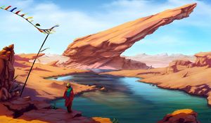 Preview wallpaper man, wanderer, rocks, lake, art