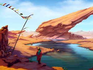 Preview wallpaper man, wanderer, rocks, lake, art