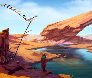 Preview wallpaper man, wanderer, rocks, lake, art