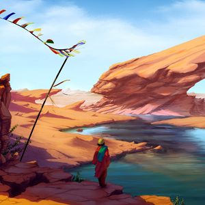 Preview wallpaper man, wanderer, rocks, lake, art