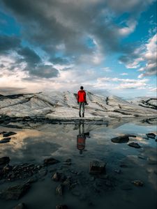 Preview wallpaper man, water, glacier, reflection