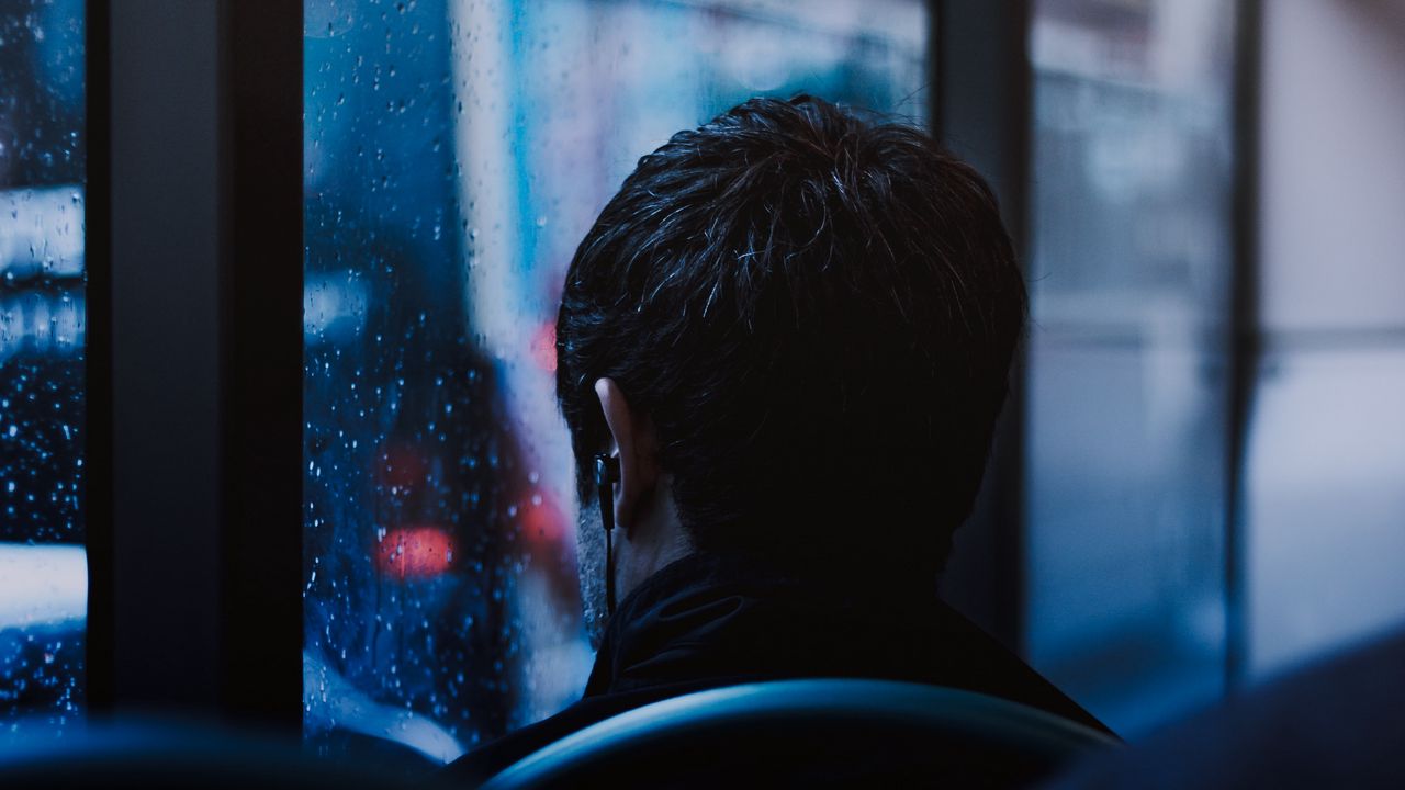 Wallpaper man, window, rain, headphones, melancholy, trip