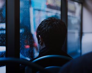 Preview wallpaper man, window, rain, headphones, melancholy, trip