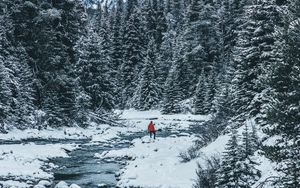 Preview wallpaper man, winter, river, snow, trees