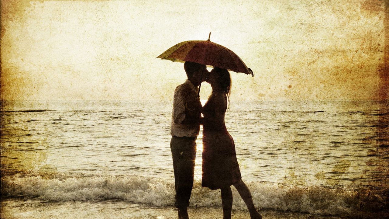 Wallpaper man, woman, rain, sea, surf, love, silhouettes, romance
