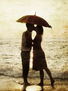 Preview wallpaper man, woman, rain, sea, surf, love, silhouettes, romance