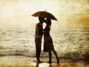 Preview wallpaper man, woman, rain, sea, surf, love, silhouettes, romance