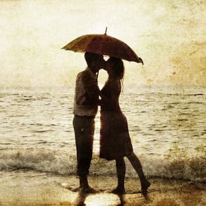 Preview wallpaper man, woman, rain, sea, surf, love, silhouettes, romance