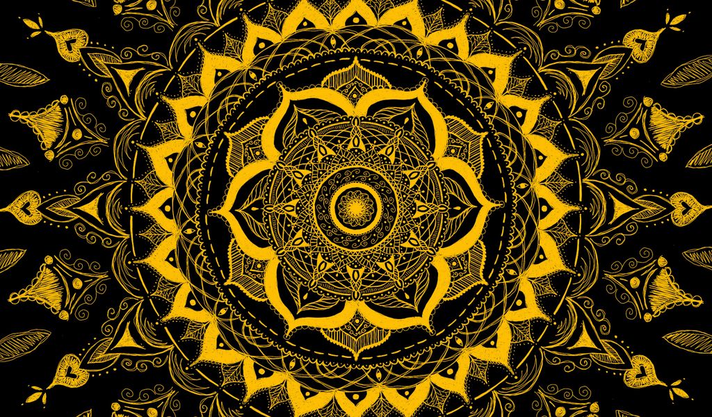 1024x600 Wallpaper mandala, pattern, abstraction, tangled, yellow