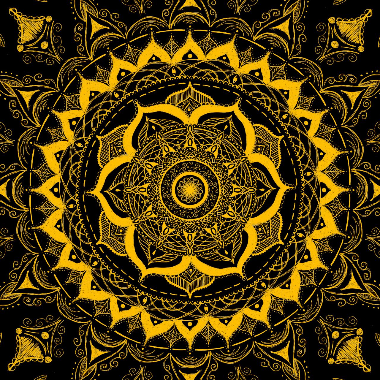 1280x1280 Wallpaper mandala, pattern, abstraction, tangled, yellow