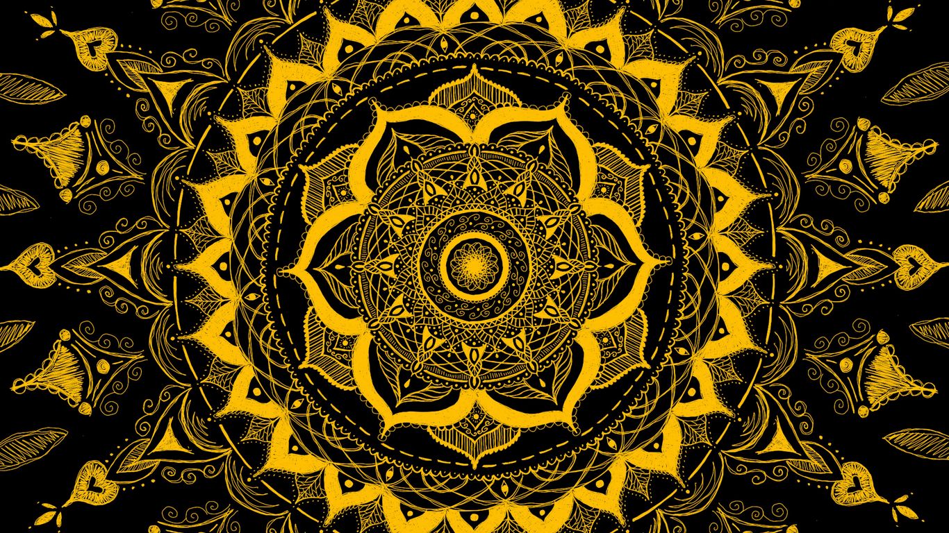 1366x768 Wallpaper mandala, pattern, abstraction, tangled, yellow