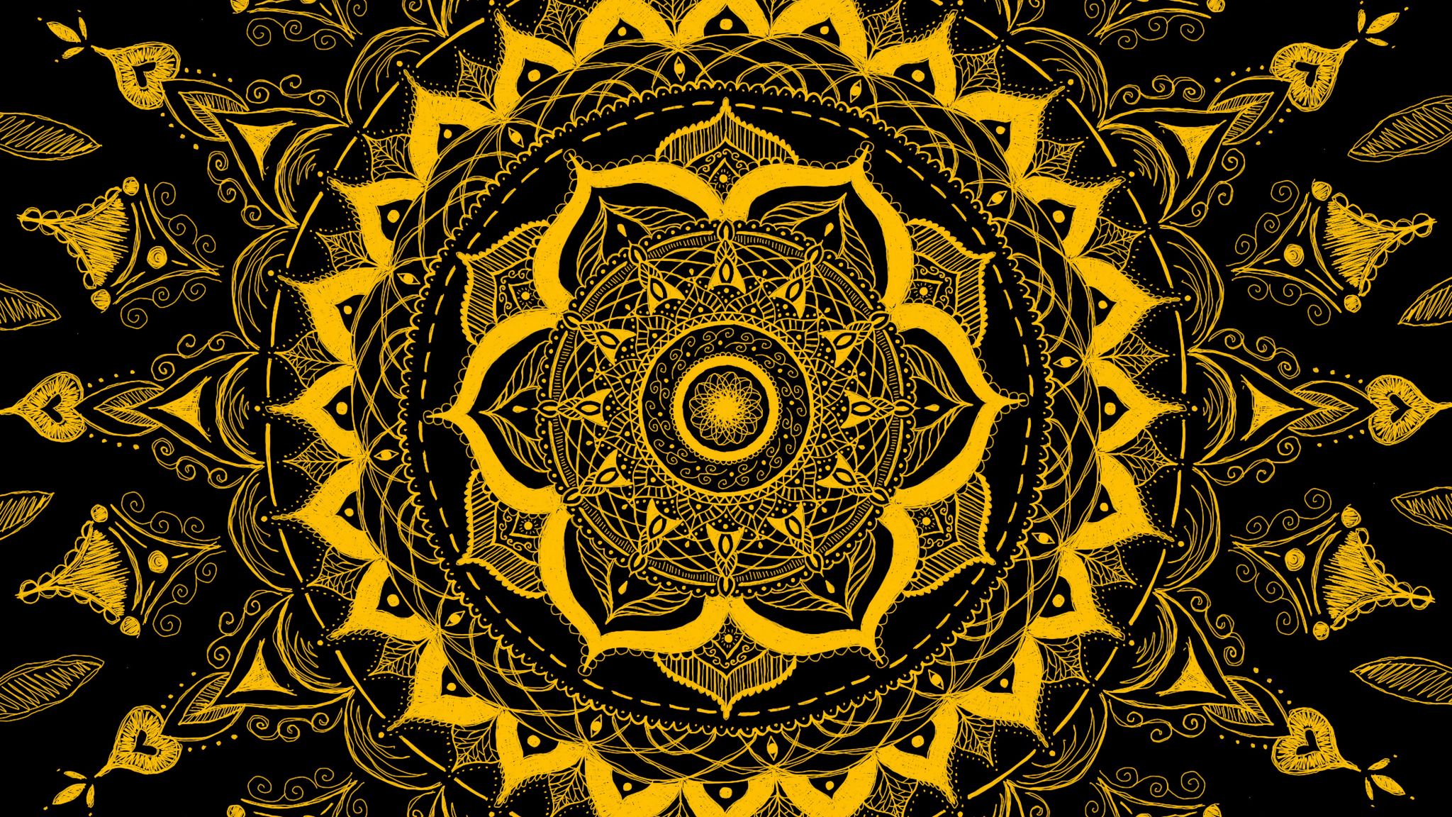 2048x1152 Wallpaper mandala, pattern, abstraction, tangled, yellow