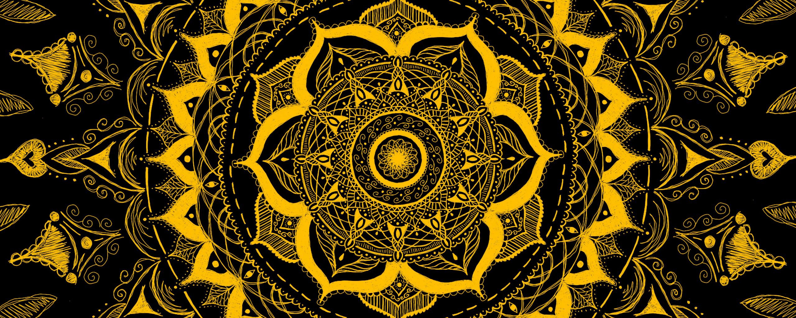 2560x1024 Wallpaper mandala, pattern, abstraction, tangled, yellow
