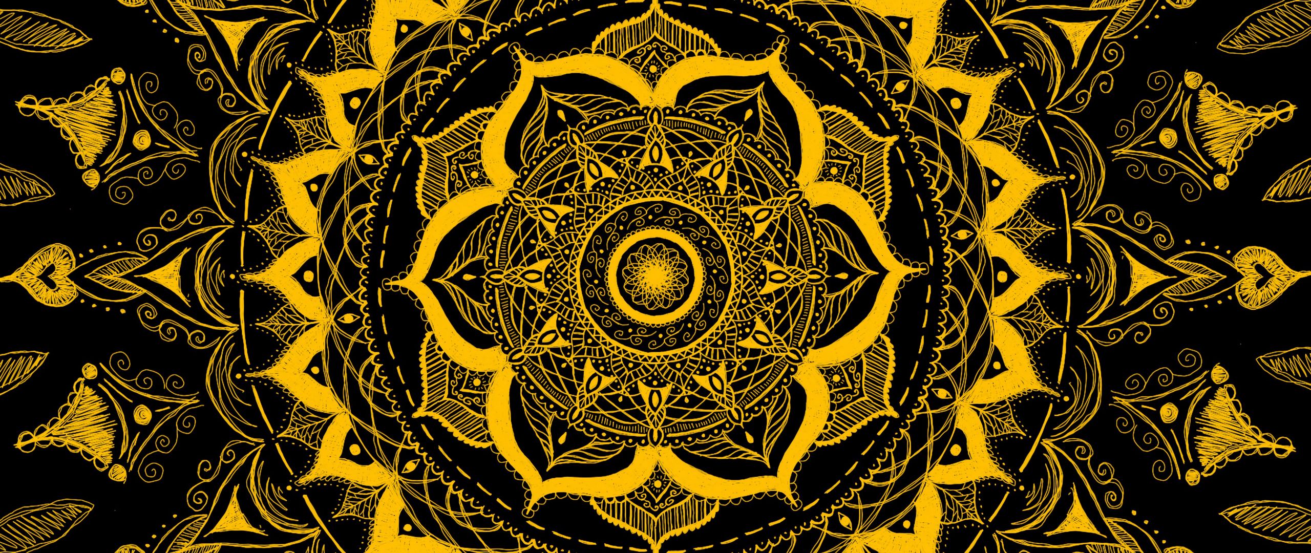 2560x1080 Wallpaper mandala, pattern, abstraction, tangled, yellow