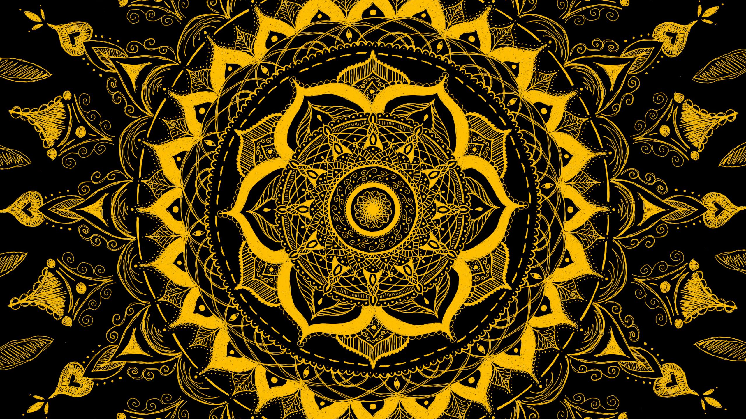 2560x1440 Wallpaper mandala, pattern, abstraction, tangled, yellow