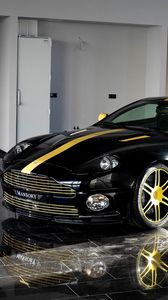 Preview wallpaper mansory, aston martin, vanquish, 2005, black, side view, auto, reflection