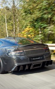 Preview wallpaper mansory cyrus, 2009, black, rear view, sports, aston martin, trees, speed