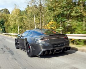 Preview wallpaper mansory cyrus, 2009, black, rear view, sports, aston martin, trees, speed