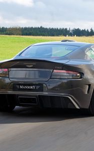 Preview wallpaper mansory, cyrus, 2009, black, rear view, style, sports, aston martin, cars, speed, nature, trees, grass, asphalt