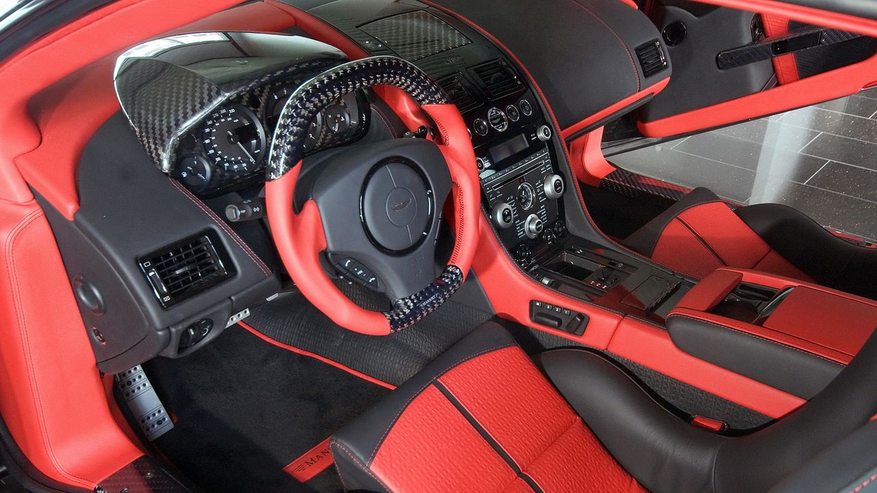 Wallpaper mansory cyrus, 2009, red, salon, interior, steering wheel, speedometer, aston martin