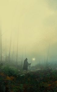 Preview wallpaper mantle, wanderer, fog, lantern, forest, art