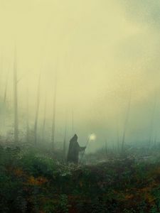 Preview wallpaper mantle, wanderer, fog, lantern, forest, art