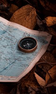 Preview wallpaper map, compass, leaves, autumn, travel