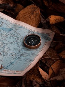 Preview wallpaper map, compass, leaves, autumn, travel