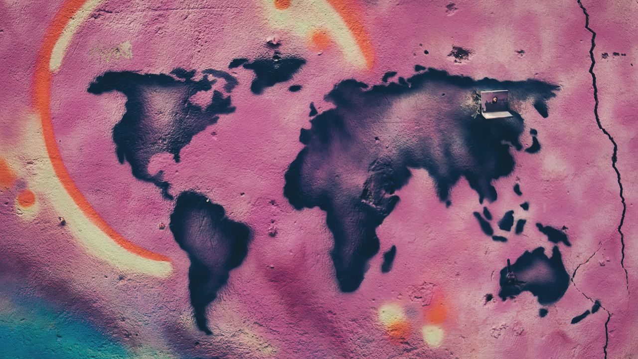 Wallpaper map, continents, graffiti, wall, paint, street art