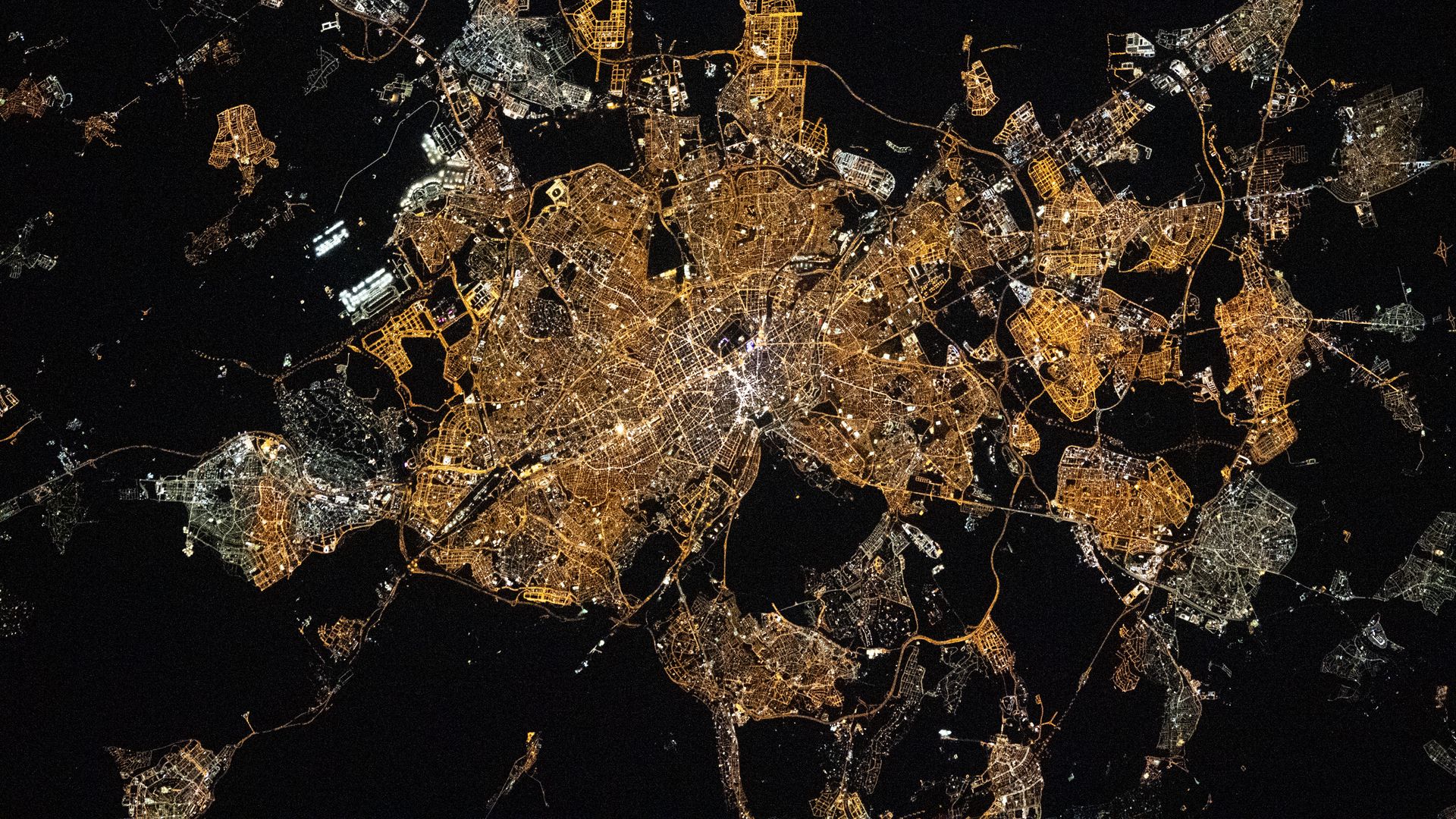 Download wallpaper 1920x1080 city, lines, light, view from space, dark ...