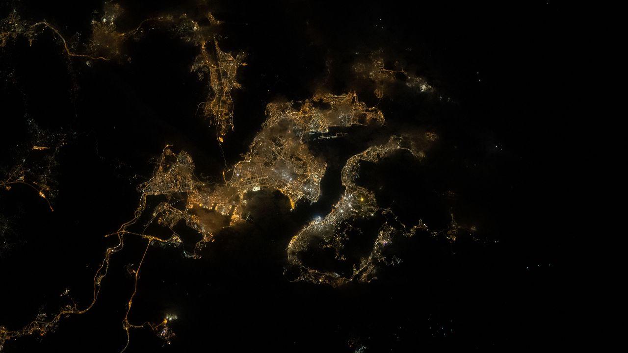 Wallpaper map, satellite, lights, city, aerial view, dark